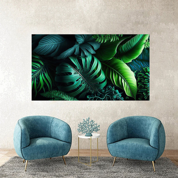 tableau décoratif  feuille noir vert royale tropicale - bâche enduis -80-140 cm