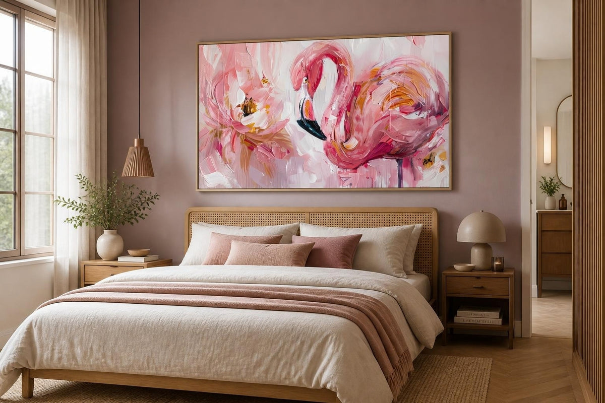 Élégance Rose : Flamant et Pivoine en Mouvement (  120 x 80 cm )