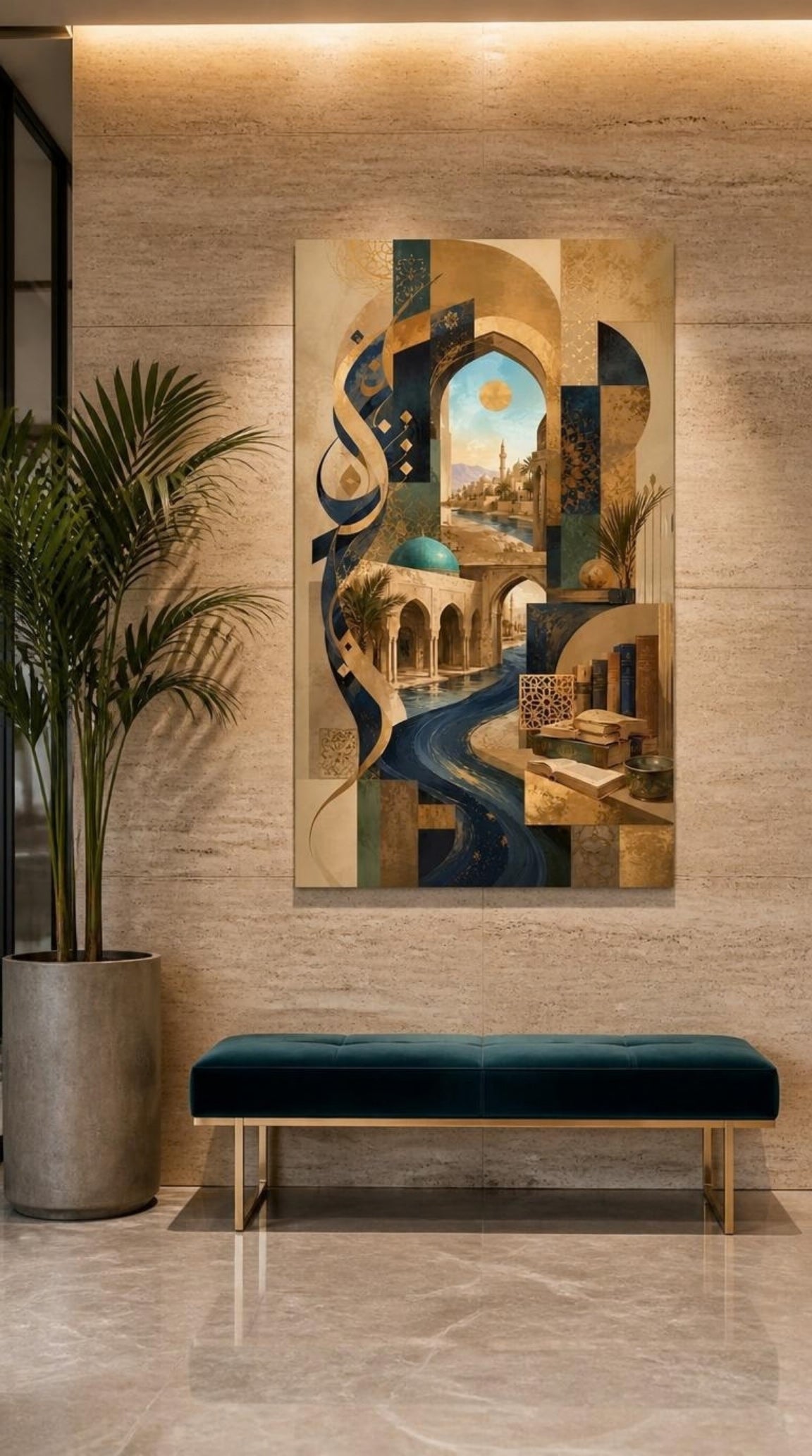 Tableau Décoratif "Sagesse d'Orient" – Calligraphie & Architecture Abstraite ( 100 cm X 60 cm)