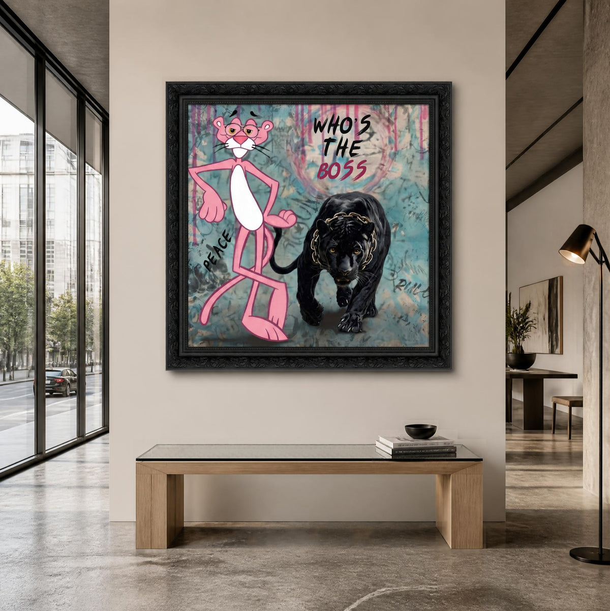 Tableau Pop Art "Who's The Boss" – Panthere Rose et Panthere Noire ( 100 cm X 100 cm )