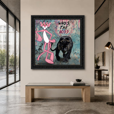Tableau Pop Art "Who's The Boss" – Panthere Rose et Panthere Noire ( 100 cm X 100 cm )