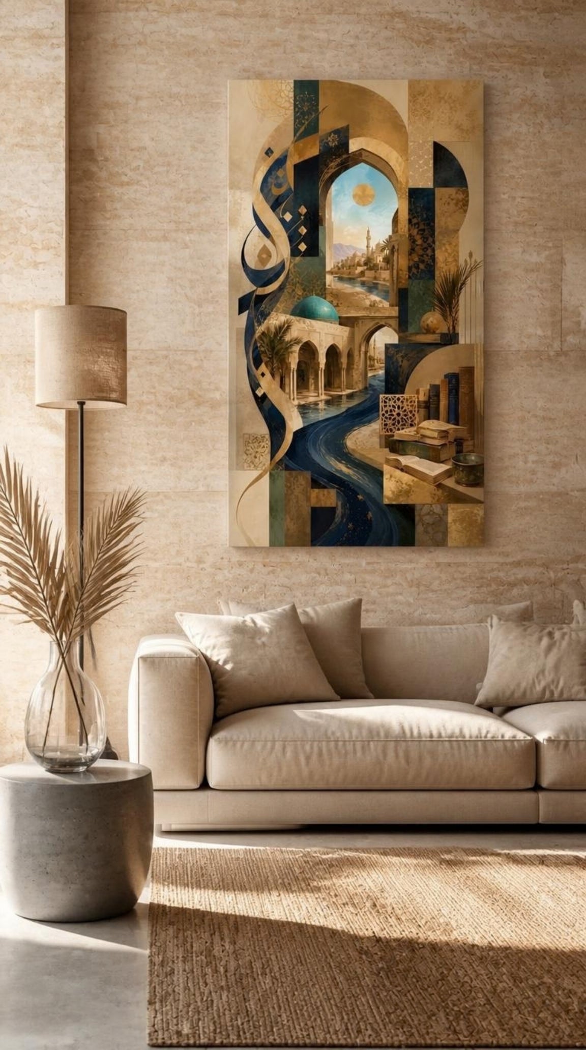 Tableau Décoratif "Sagesse d'Orient" – Calligraphie & Architecture Abstraite ( 100 cm X 60 cm)