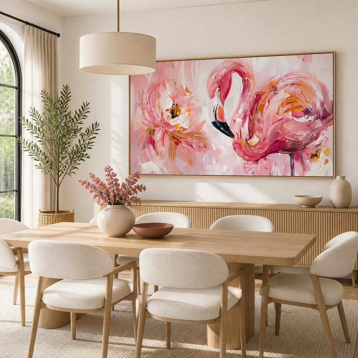 Élégance Rose : Flamant et Pivoine en Mouvement (  120 x 80 cm )