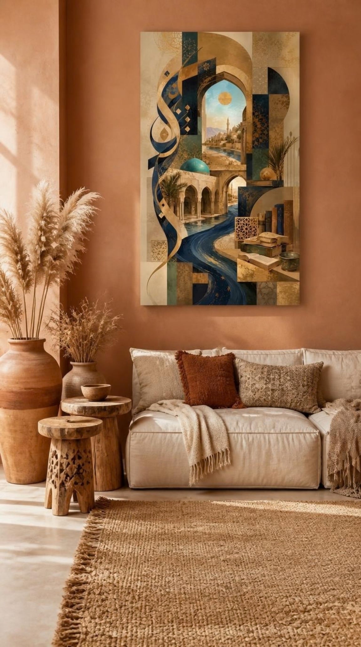 Tableau Décoratif "Sagesse d'Orient" – Calligraphie & Architecture Abstraite ( 100 cm X 60 cm)