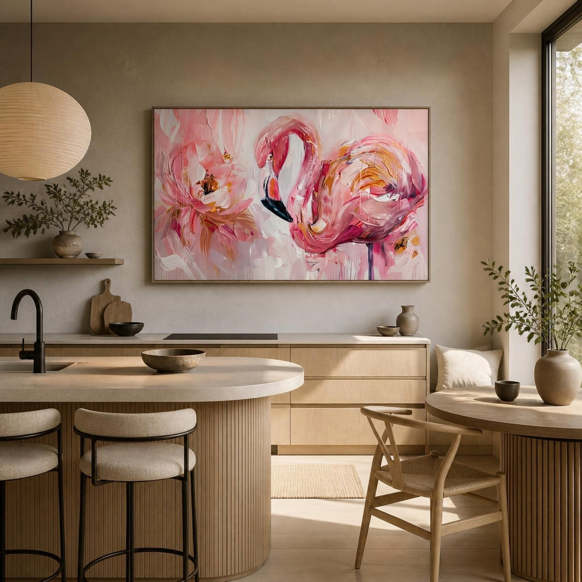 Élégance Rose : Flamant et Pivoine en Mouvement (  120 x 80 cm )