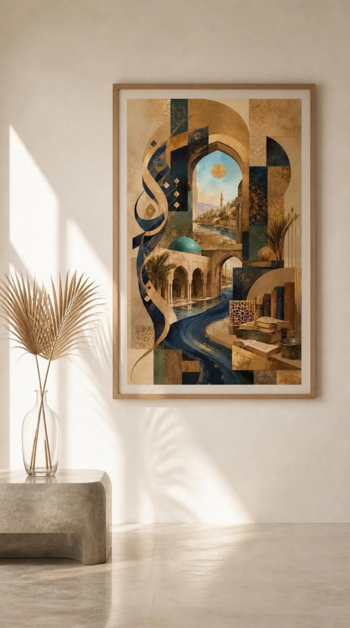 Tableau Décoratif "Sagesse d'Orient" – Calligraphie & Architecture Abstraite ( 100 cm X 60 cm)