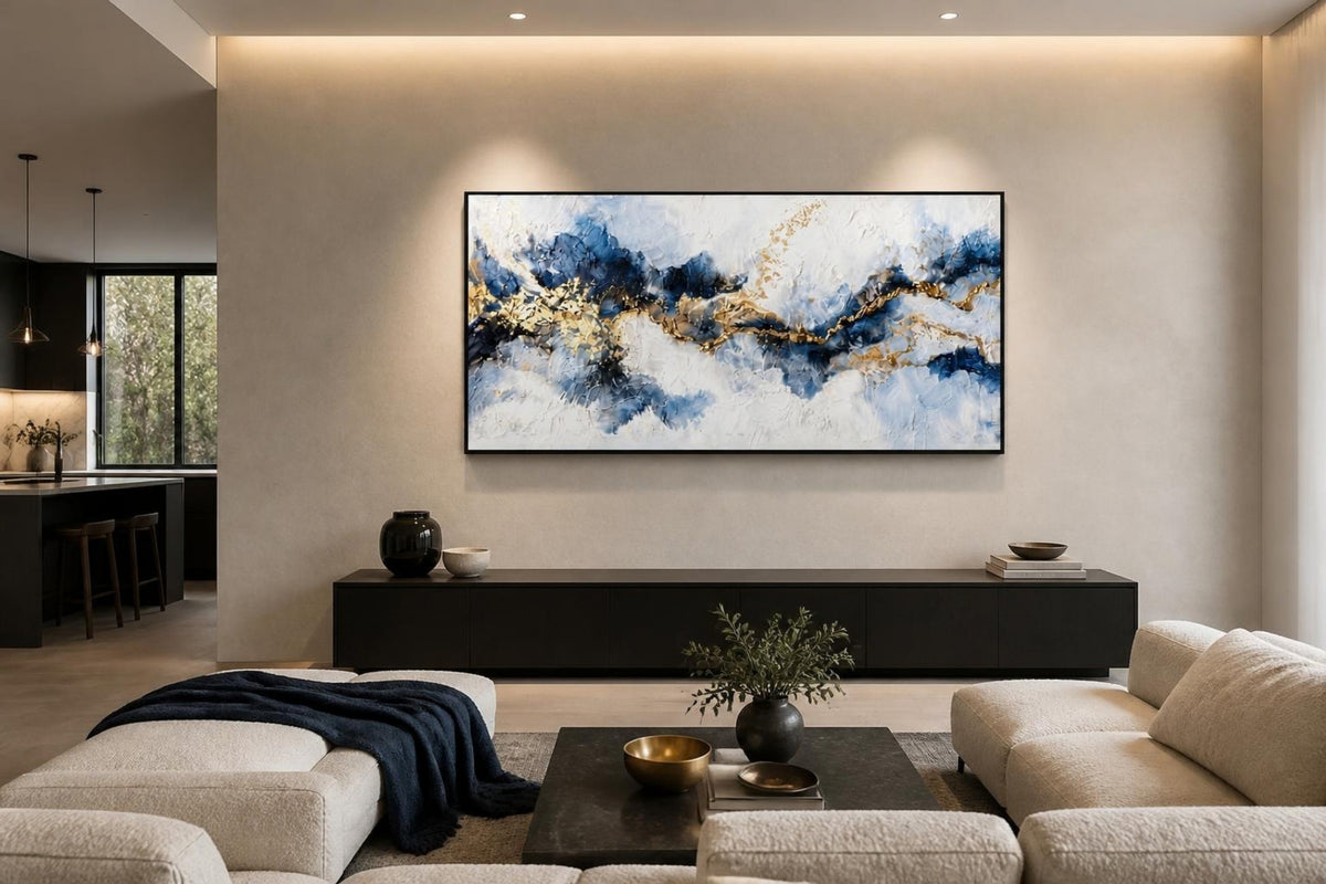 Tableau Abstrait "Éclat Saphir & Or" – Art Moderne et Texturé ( 120 cm X 80 cm )