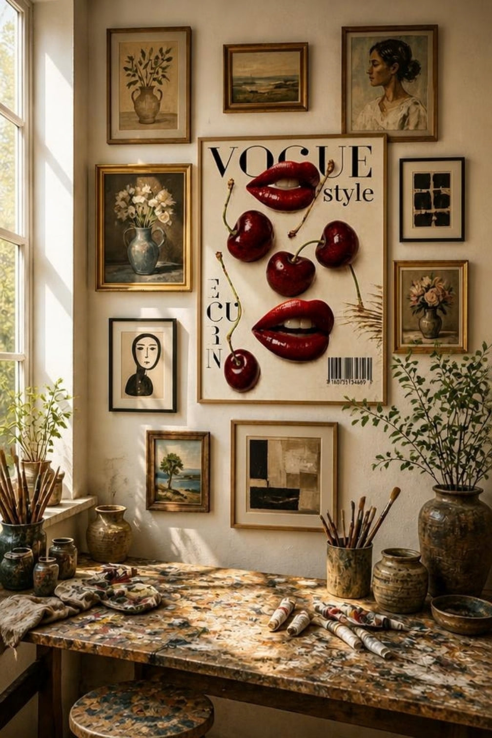 Tableau Décoratif "Vogue Style" – Lèvres Glamour et Cerises Pop Art