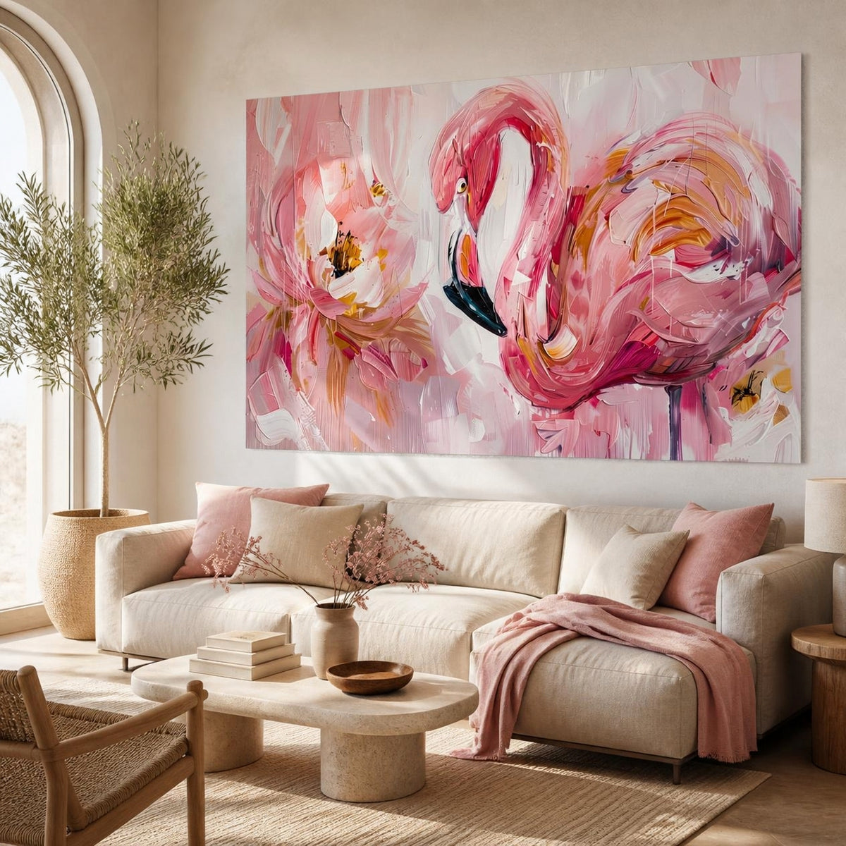 Élégance Rose : Flamant et Pivoine en Mouvement (  120 x 80 cm )