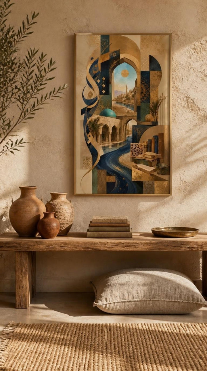 Tableau Décoratif "Sagesse d'Orient" – Calligraphie & Architecture Abstraite ( 100 cm X 60 cm)