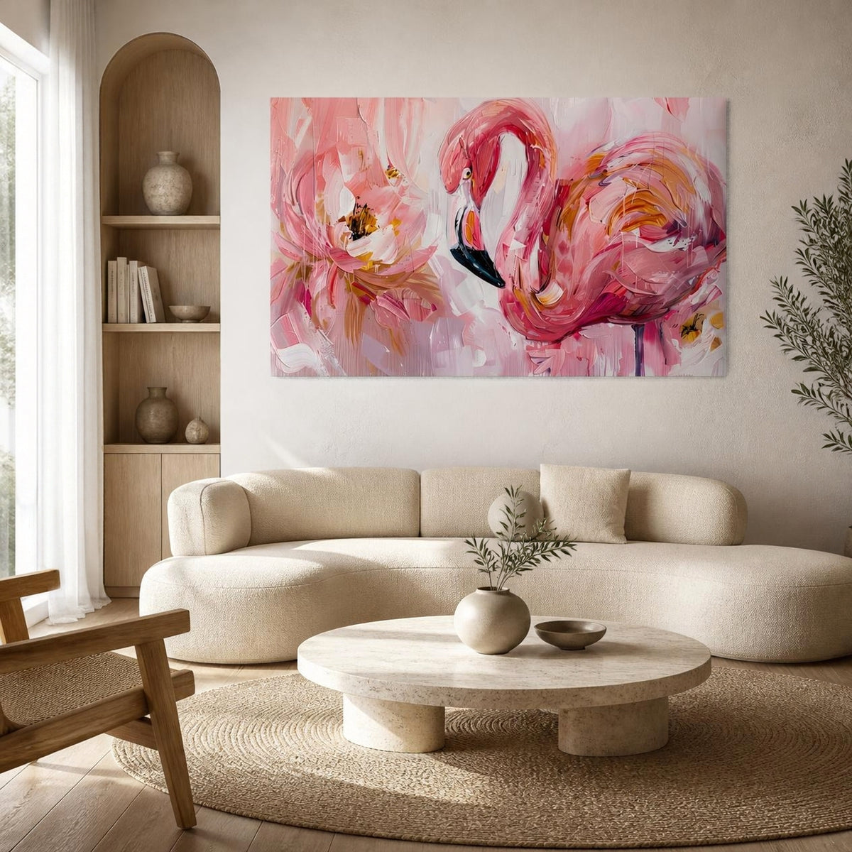 Élégance Rose : Flamant et Pivoine en Mouvement (  120 x 80 cm )