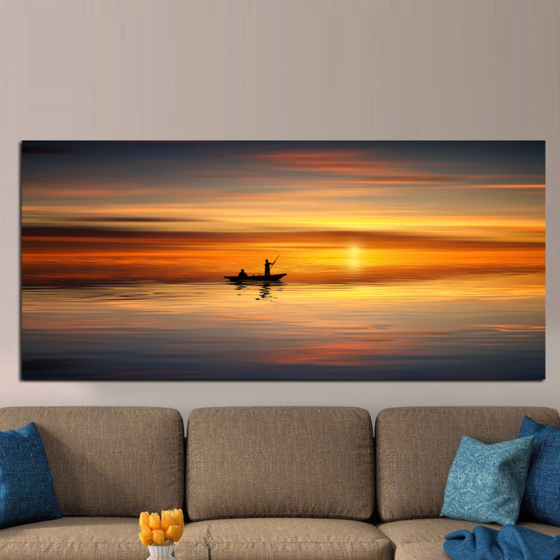Tableau décoratif bâche - coucher mer bateau - 170 x 75 cm