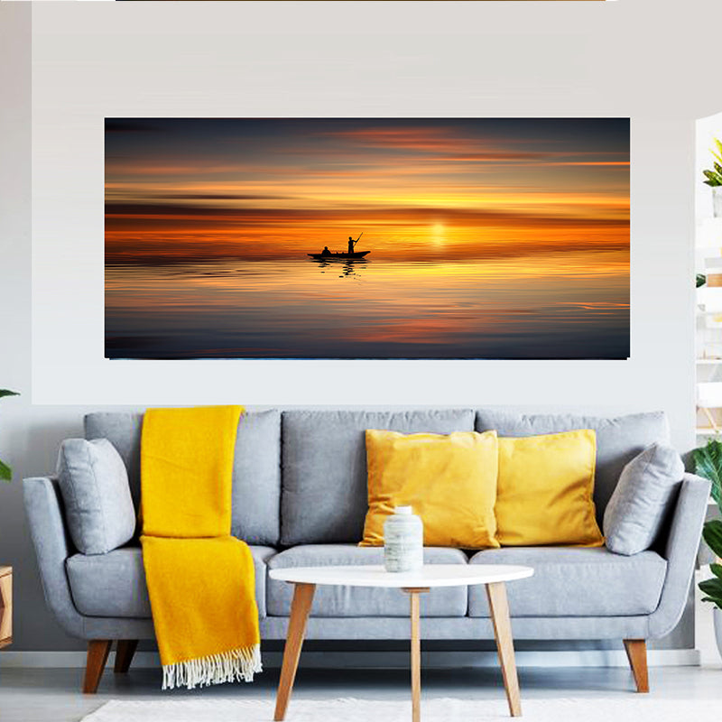 Tableau décoratif bâche - coucher mer bateau - 170 x 75 cm