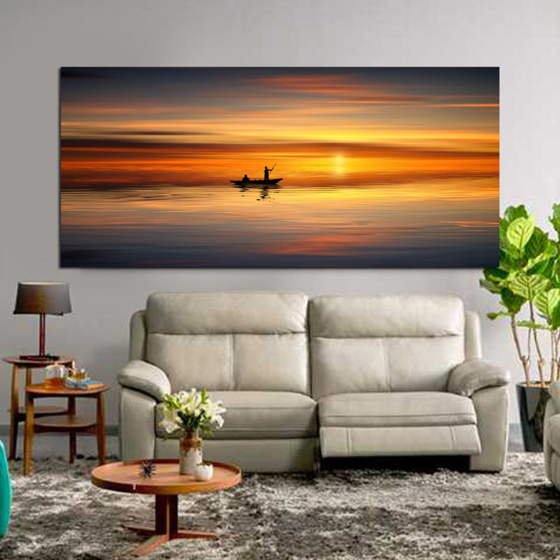 Tableau décoratif bâche - coucher mer bateau - 170 x 75 cm