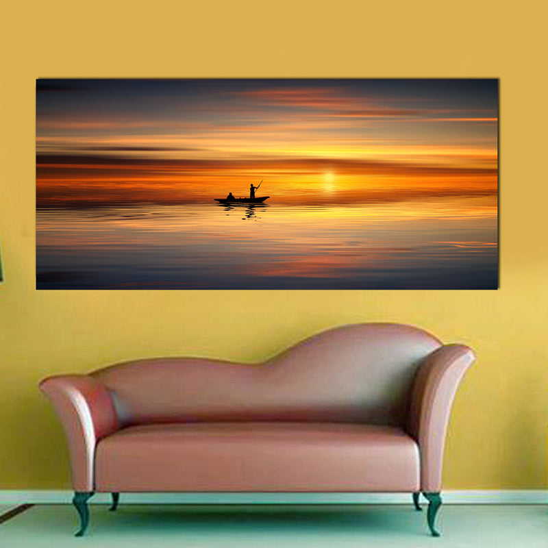 Tableau décoratif bâche - coucher mer bateau - 170 x 75 cm
