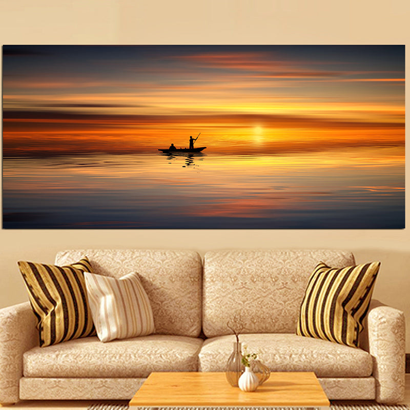 Tableau décoratif bâche - coucher mer bateau - 170 x 75 cm