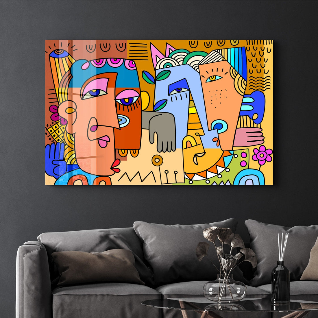 Tableau Abstrait Coloré – Visages Stylisés