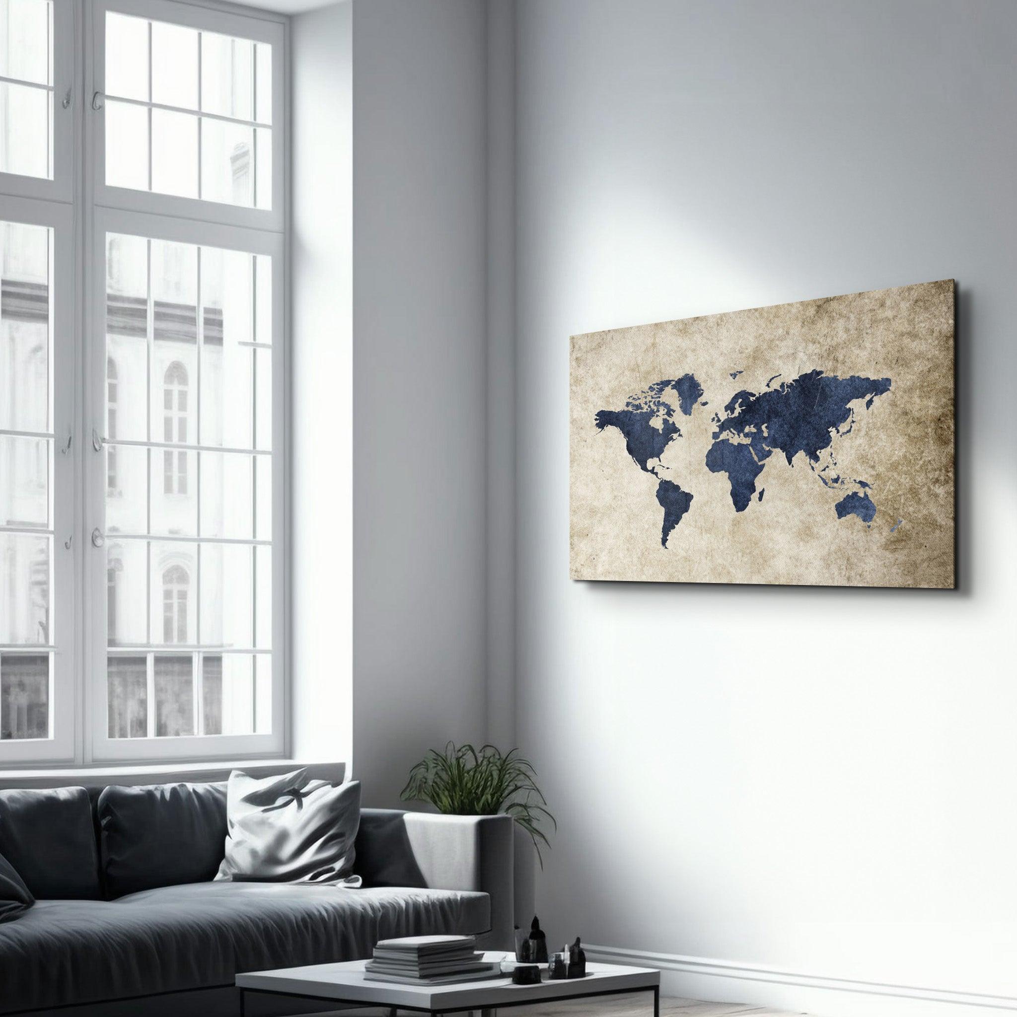 Tableau Carte du Monde Vintage Bleu