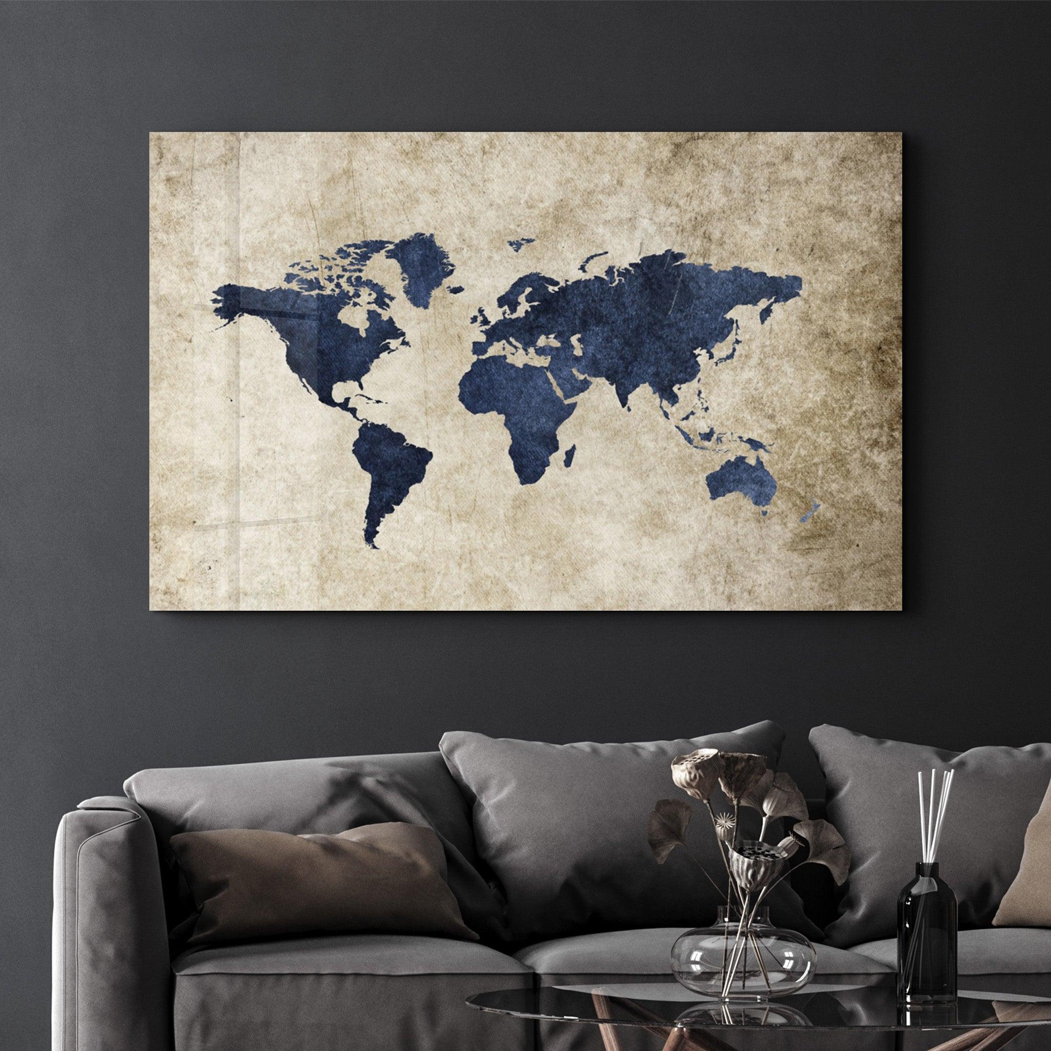 Tableau Carte du Monde Vintage Bleu