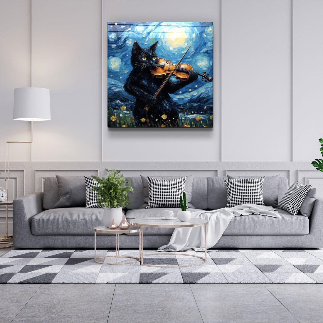 Tableau Pop Art – Chat Violoniste & Nuit Étoilée