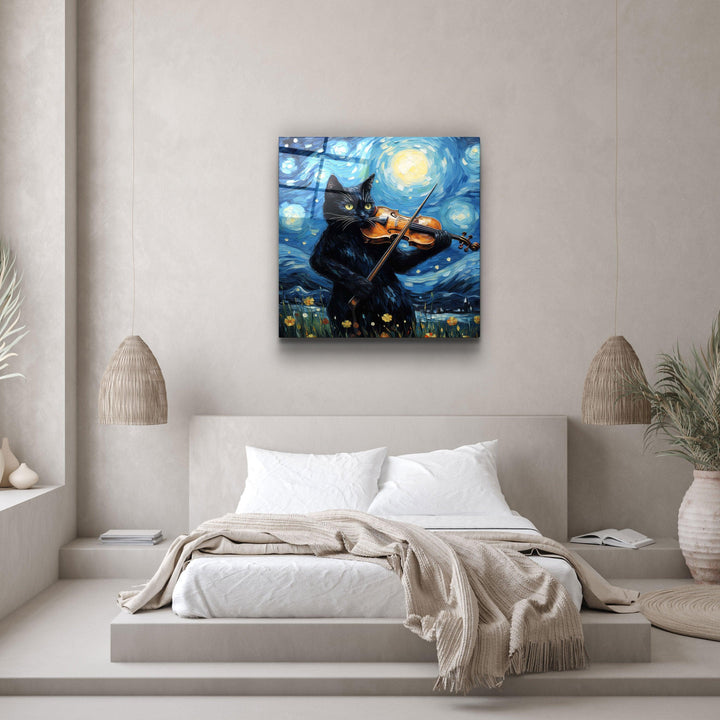 Tableau Pop Art – Chat Violoniste & Nuit Étoilée