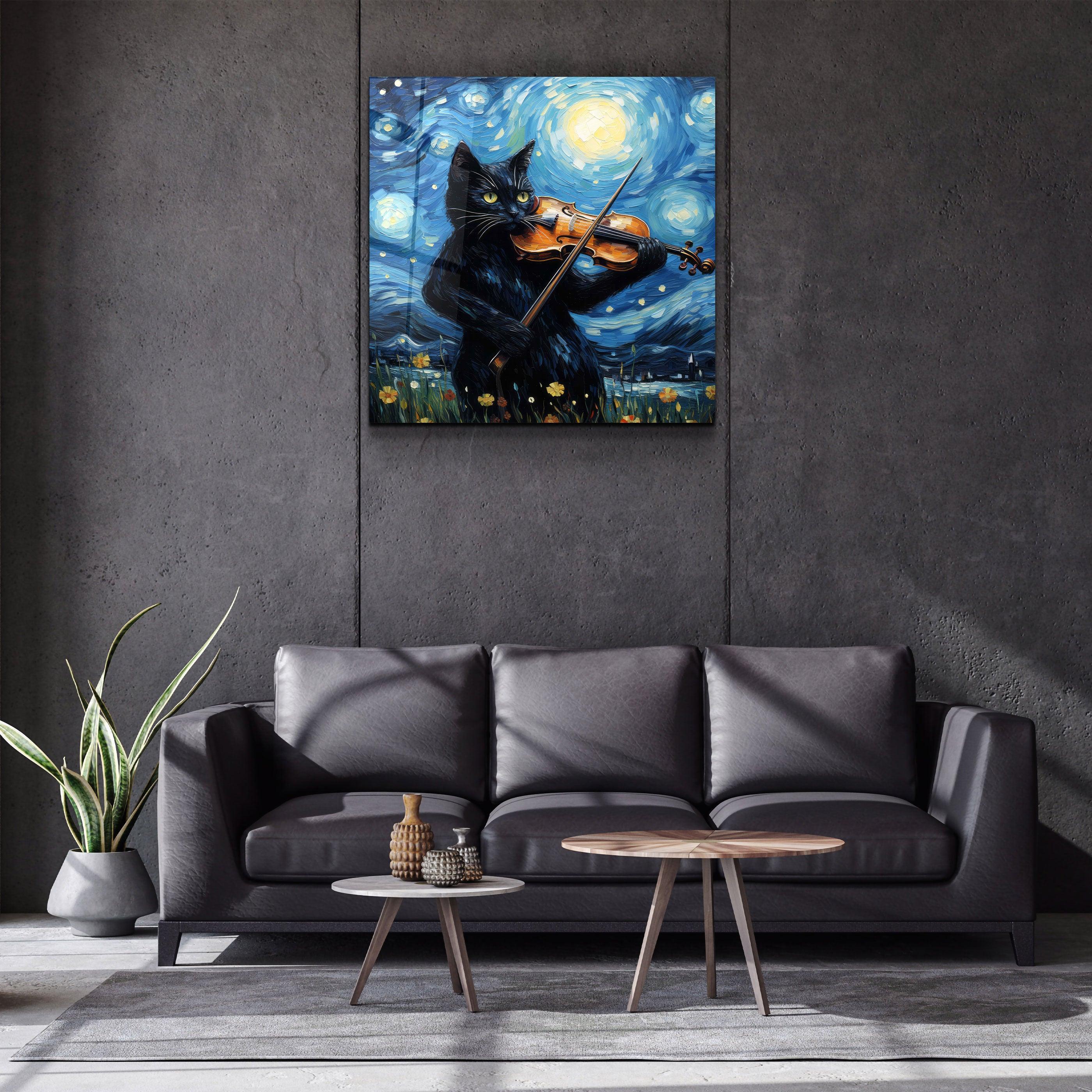 Tableau Pop Art – Chat Violoniste & Nuit Étoilée
