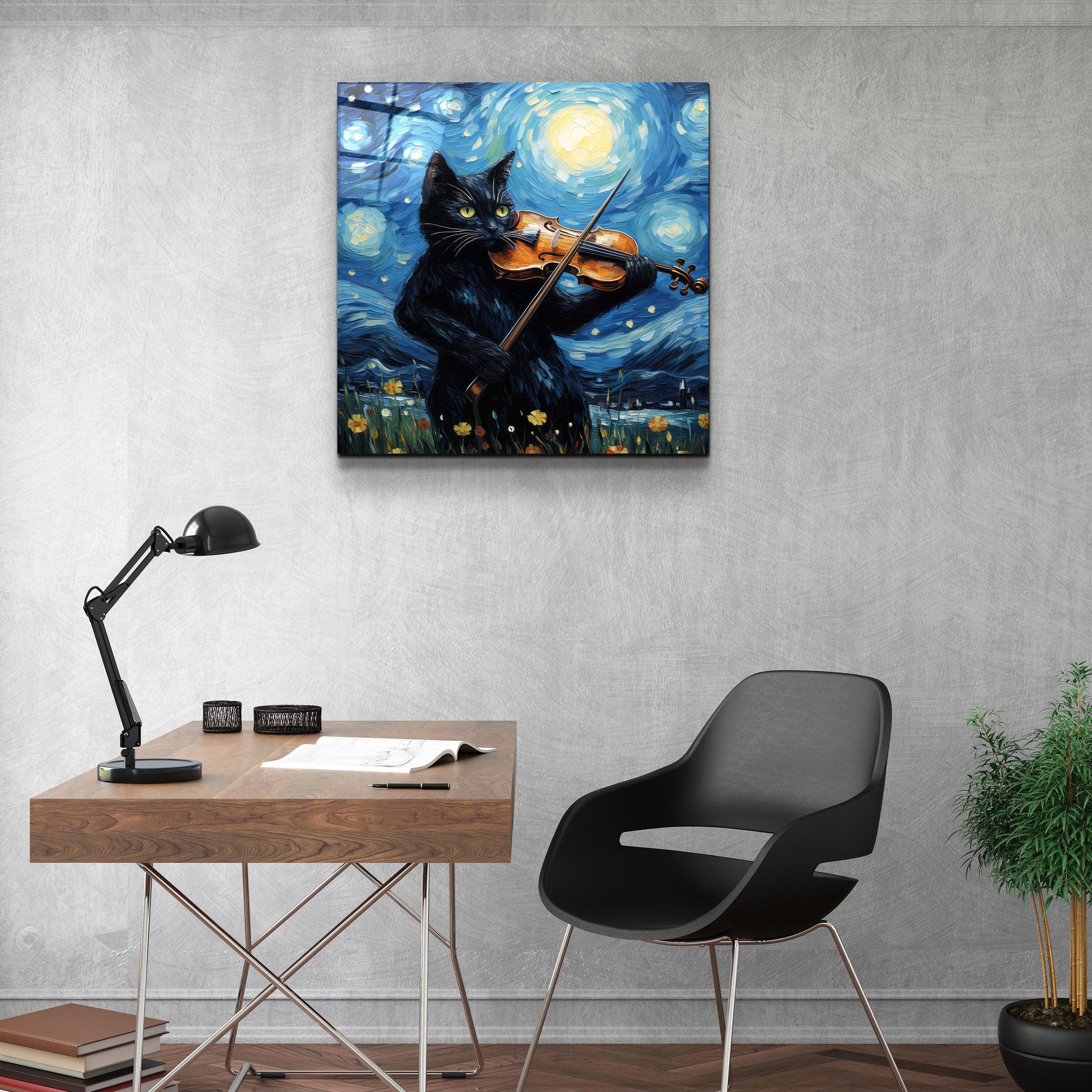 Tableau Pop Art – Chat Violoniste & Nuit Étoilée