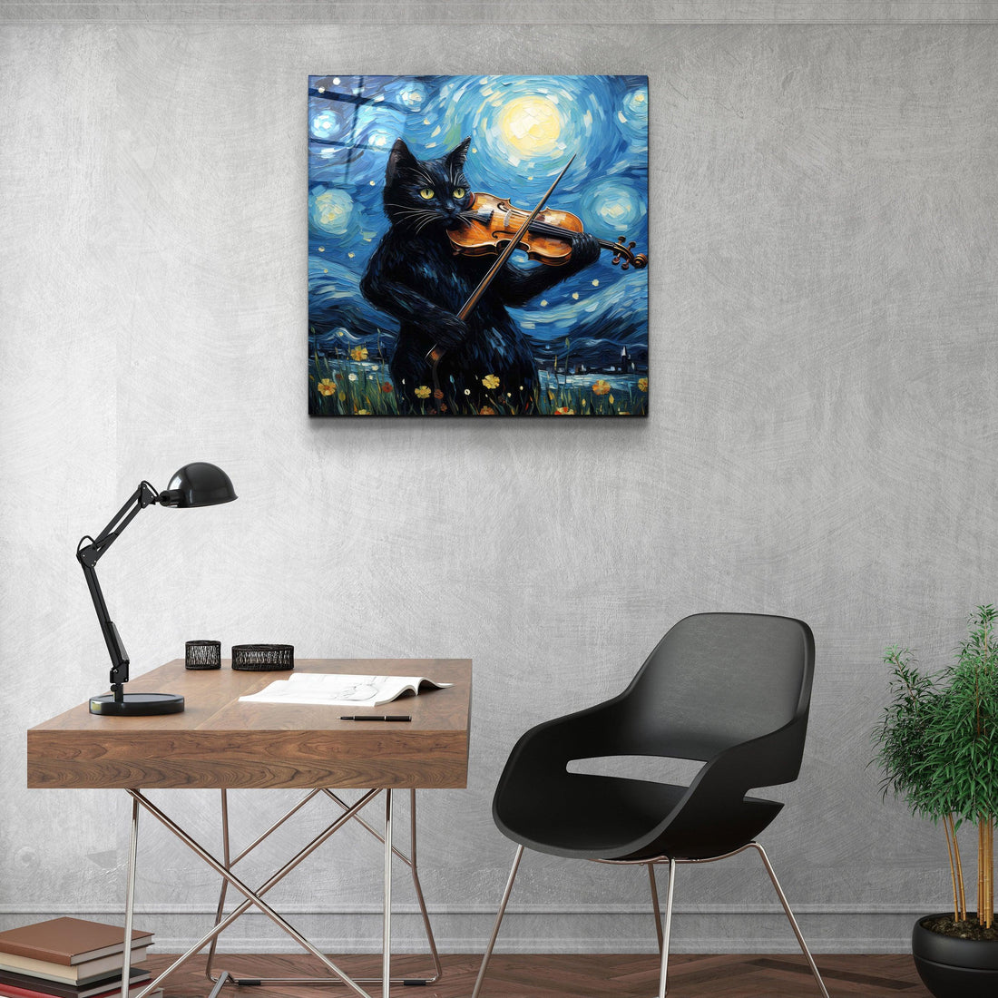 Tableau Pop Art – Chat Violoniste & Nuit Étoilée