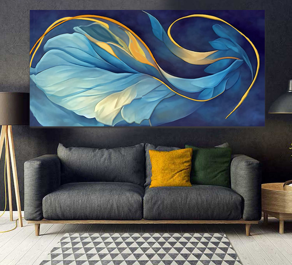 tableau décoratif feuille bleu doré - 170 x 75 cm