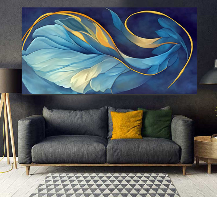 tableau décoratif feuille bleu doré - 170 x 75 cm