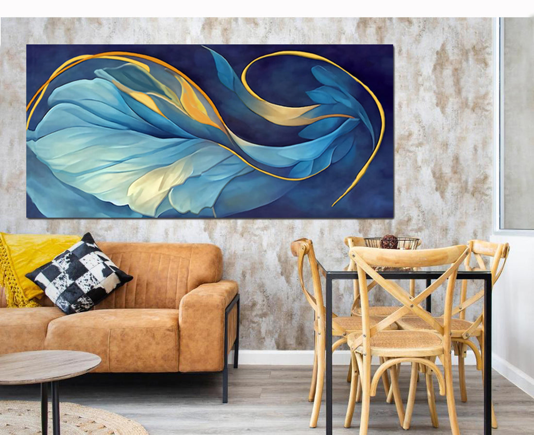tableau décoratif feuille bleu doré - 170 x 75 cm