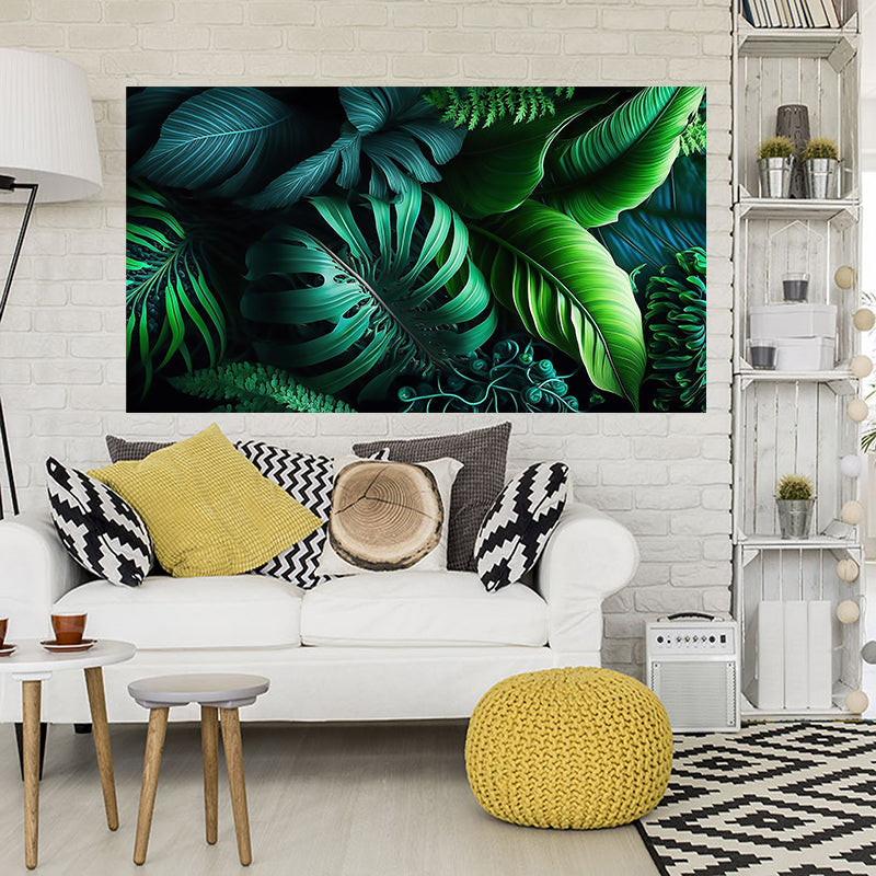 tableau décoratif  feuille noir vert royale tropicale - bâche enduis -80-140 cm