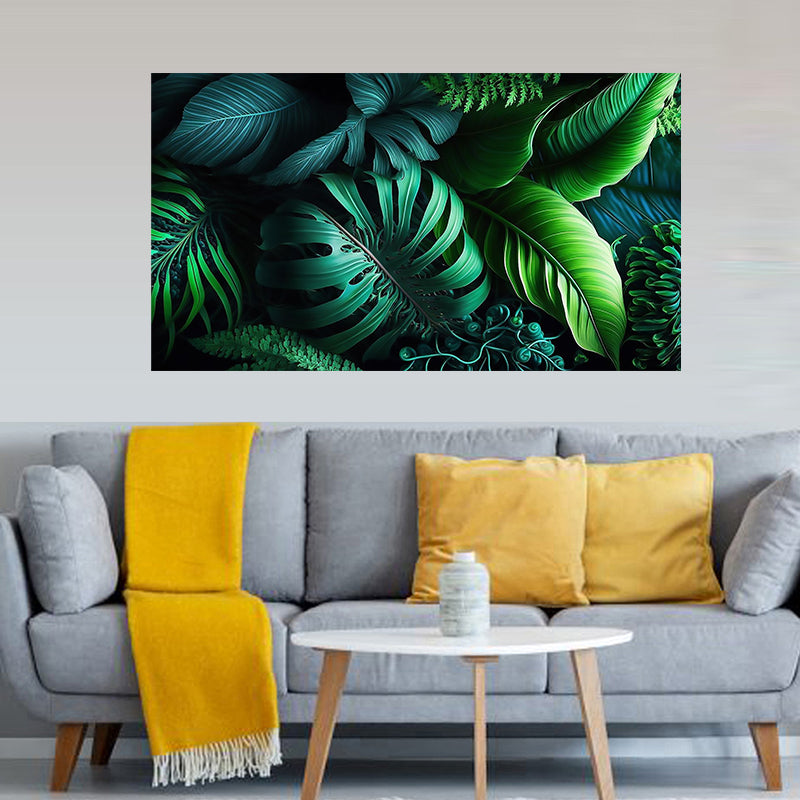 tableau décoratif  feuille noir vert royale tropicale - bâche enduis -80-140 cm