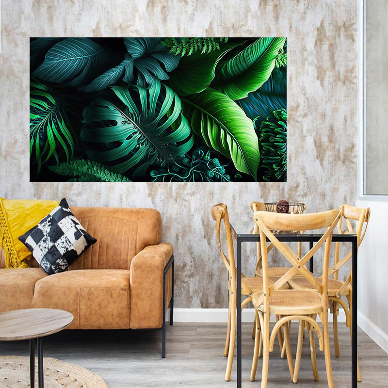 tableau décoratif  feuille noir vert royale tropicale - bâche enduis -80-140 cm