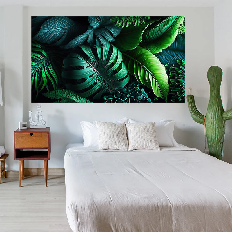 tableau décoratif  feuille noir vert royale tropicale - bâche enduis -80-140 cm