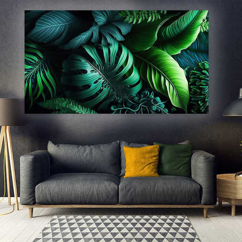 tableau décoratif  feuille noir vert royale tropicale - bâche enduis -80-140 cm