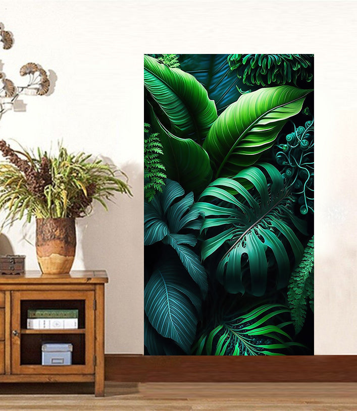 tableau décoratif  feuille noir vert royale tropicale - bâche enduis -80-140 cm