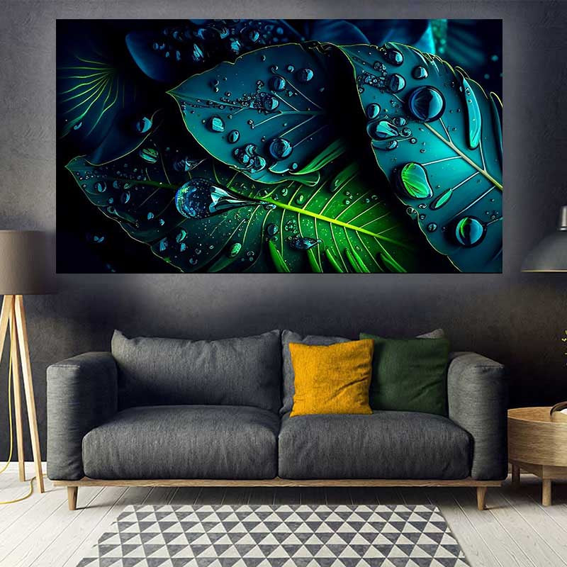 tableau décoratif  feuille noir bleut royale tropicale - bâche enduis - 80-140 cm