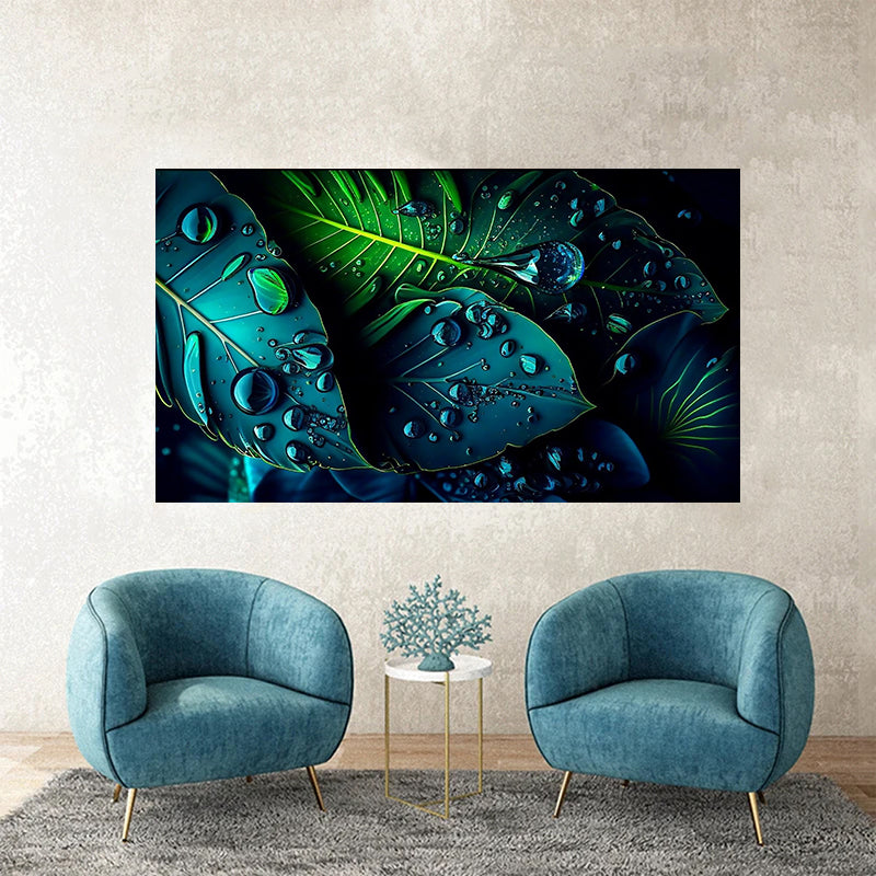 tableau décoratif  feuille noir bleut royale tropicale - bâche enduis - 80-140 cm