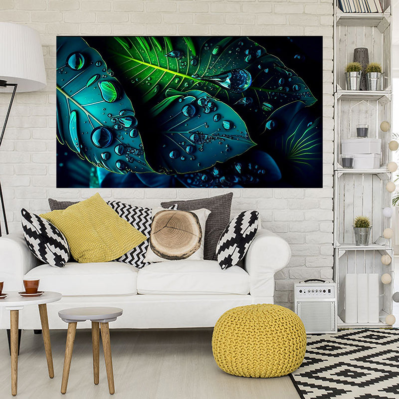 tableau décoratif  feuille noir bleut royale tropicale - bâche enduis - 80-140 cm