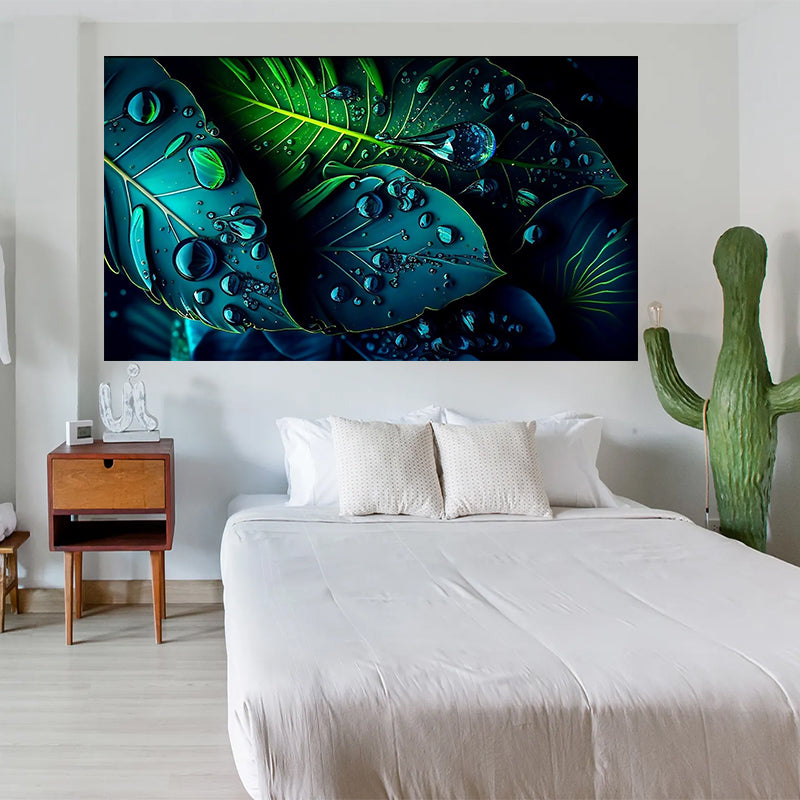 tableau décoratif  feuille noir bleut royale tropicale - bâche enduis - 80-140 cm