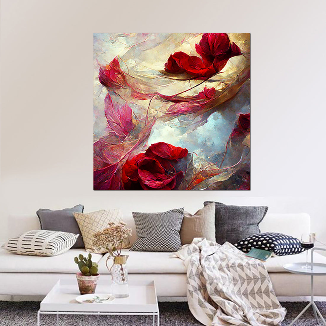 tableau décoratif - fleur rouge bordeau - 100 x 100 cm