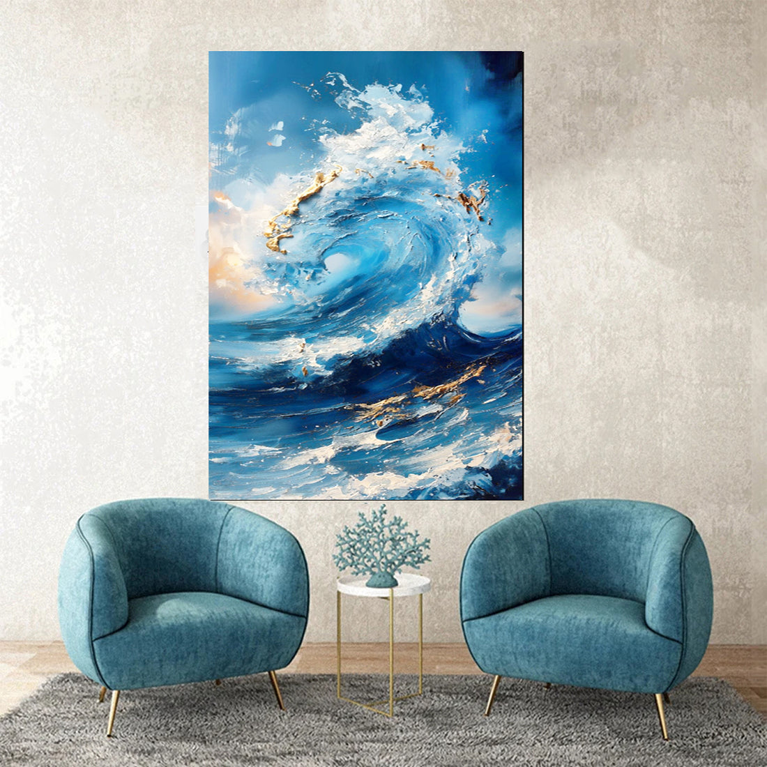 tableau -L'Énergie Brute de l'Océan bleu doré 90x120cm