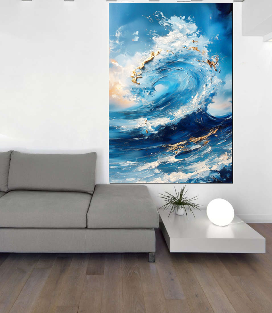 tableau -L'Énergie Brute de l'Océan bleu doré 90x120cm