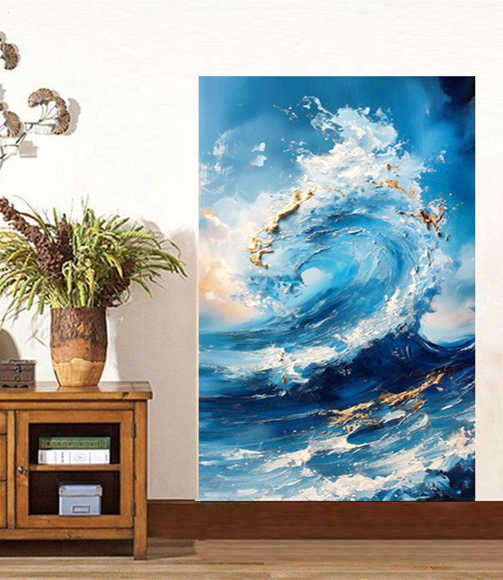 tableau -L'Énergie Brute de l'Océan bleu doré 90x120cm